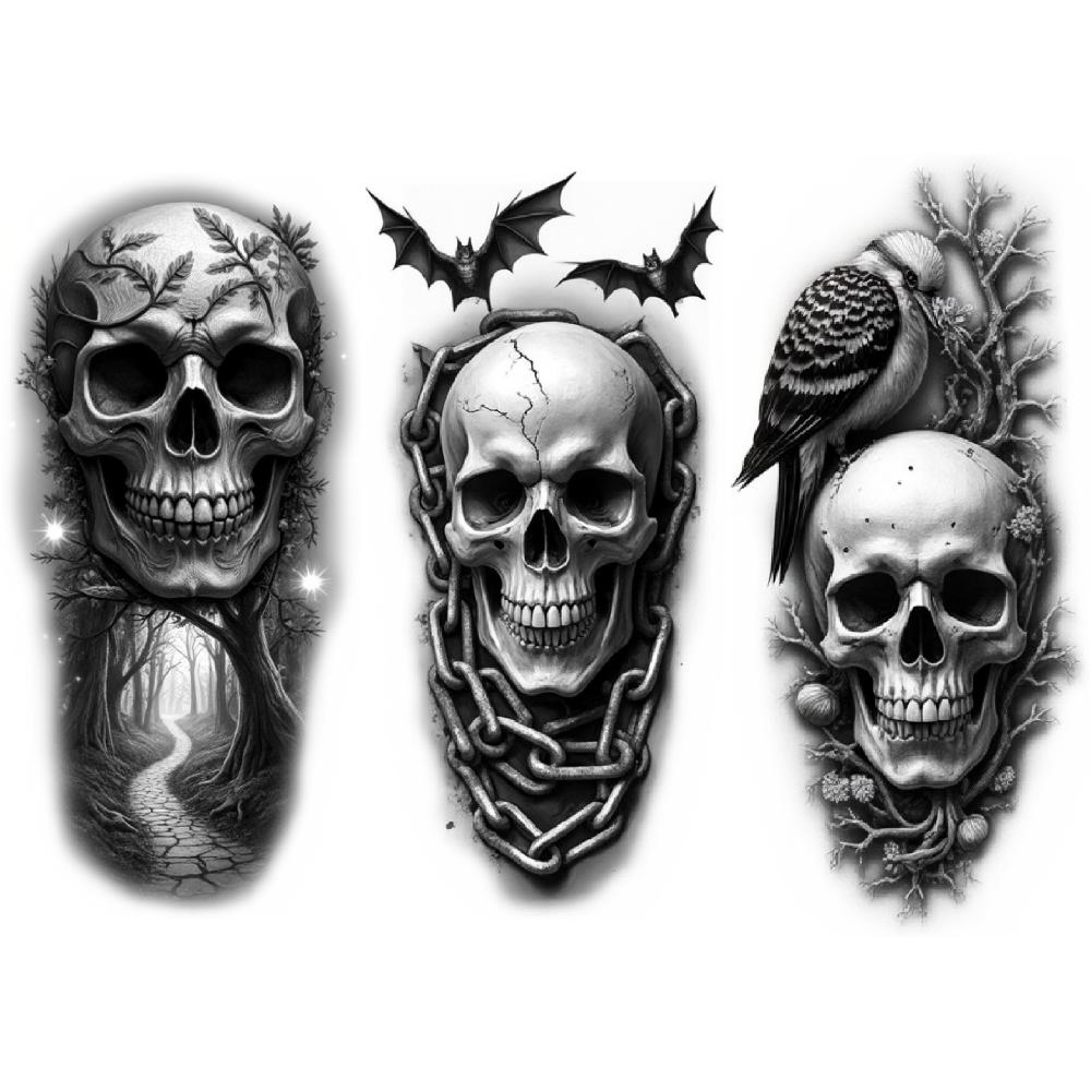 3pcs Temporary Tattoo Black And Grey Realism Scorpion With Skull Horned Skull Skull With Bird For Women Adults Men