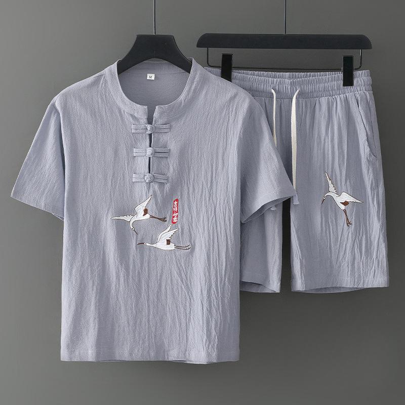 Summer Chinese Style Men's Ethnic Style Cotton and Linen Jacquard Men's Short-sleeved Shorts Suit Tang Suit Embroidery