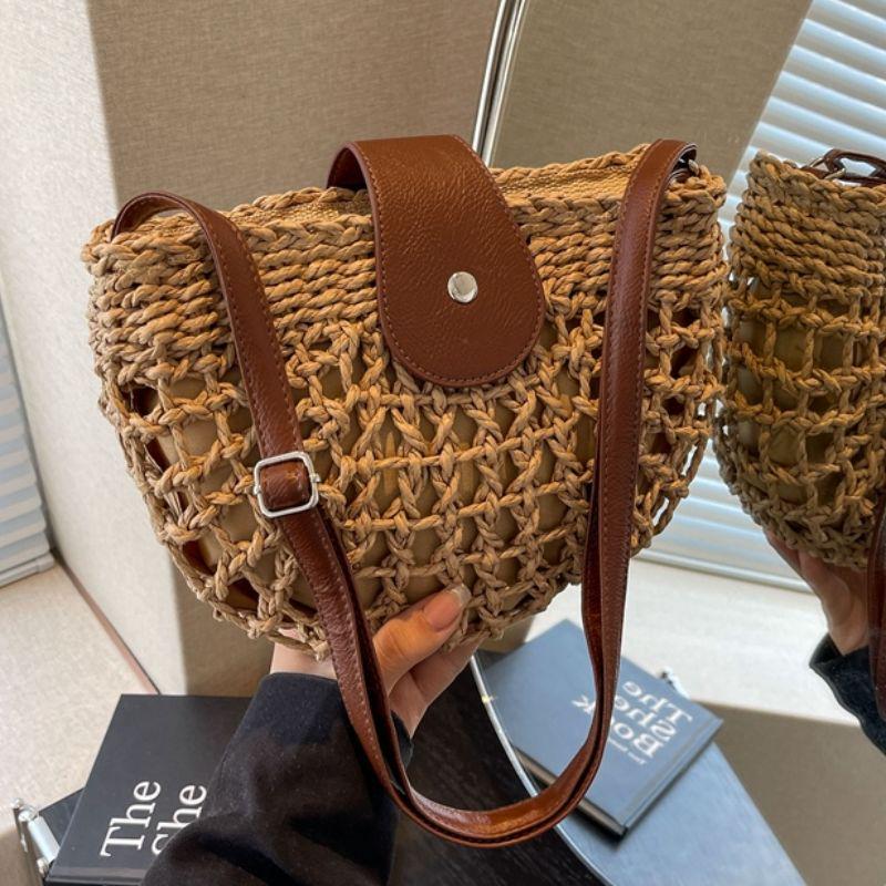 Summer Retro Straw Woven Crossbody Shoulder Bag for Women - Beach Vacation Underarm Saddle Bag