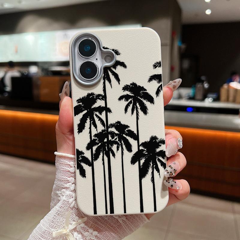 

Черный тонкий противоударный мягкий чехол из ТПУ с принтом кокосовой пальмы для iPhone 16 Pro Max 15 Pro 14 13 12 11 матовая кожаная текстура защитная крышка для объектива iPhone 11 белый/бежевый
