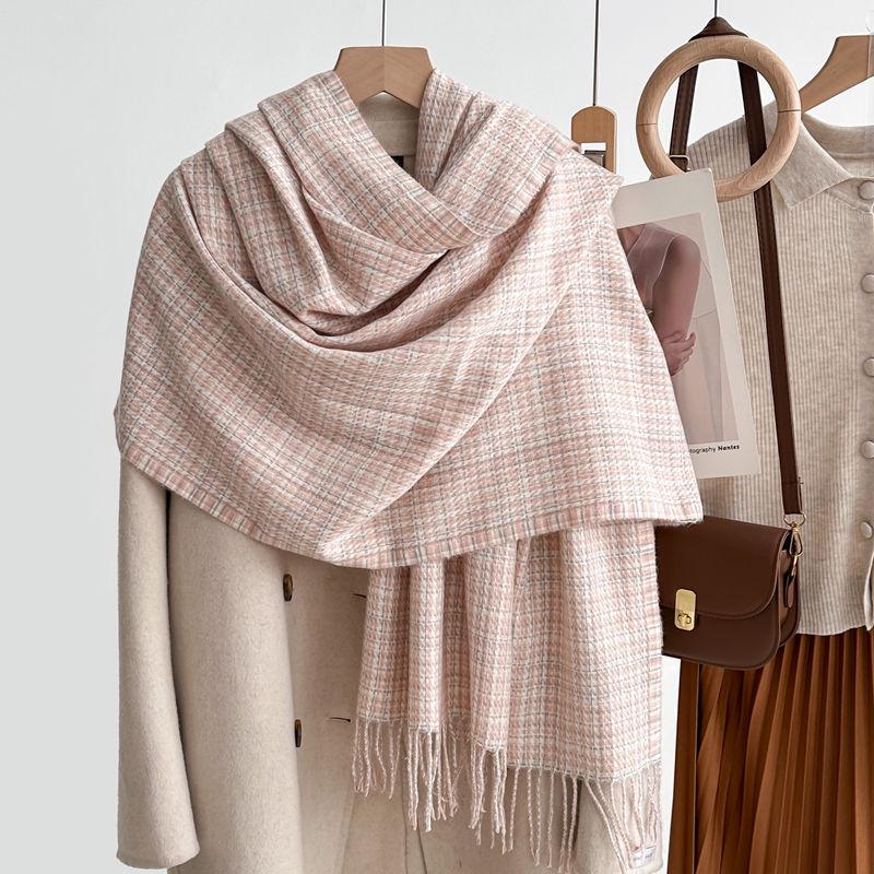 Women's Winter Plaid Imitation Cashmere Tassel Scarf, Thickened Korean Style Neck Warmer