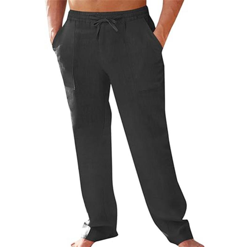 Men's Linen Casual Trousers with Elasticated Waistband Solid Colour, Relaxed Straight Leg with Drawstring Breathable and Stylish Long Trousers