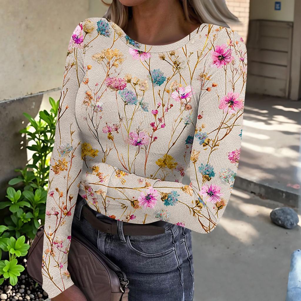 Women Casual Long Sleeve Crewneck Floral Print Ribbed Top Lightweight Pullover Loose Fit Soft Breathable Shirt for Daily Wear