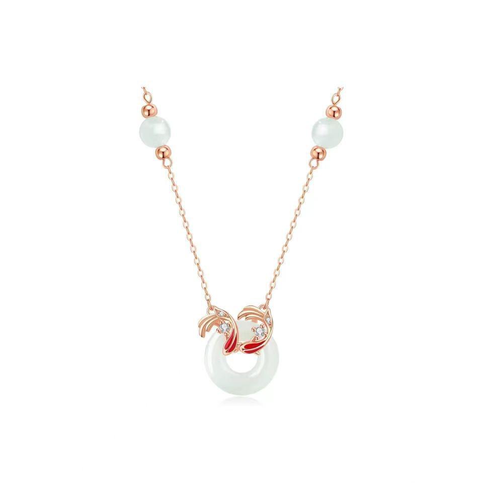 Jade Koi Safety Clasp Necklace: Luxe, High-End Chinese Style Auspicious Fortune Collarbone Chain.