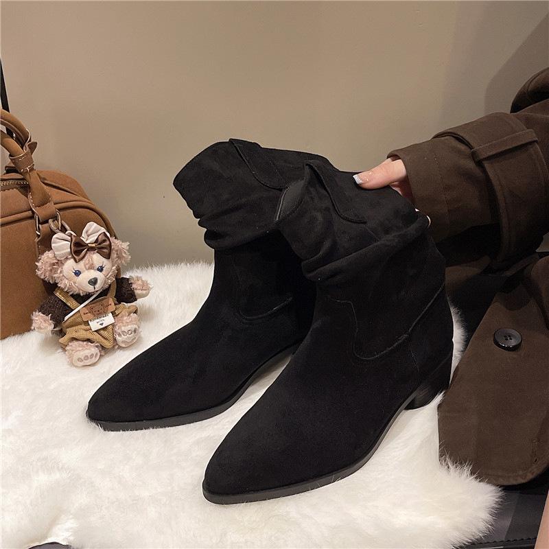 

6056-5 French retro pointed short boots women s 2025 new stacking boots Maillard with skirt western cowboy boots 39