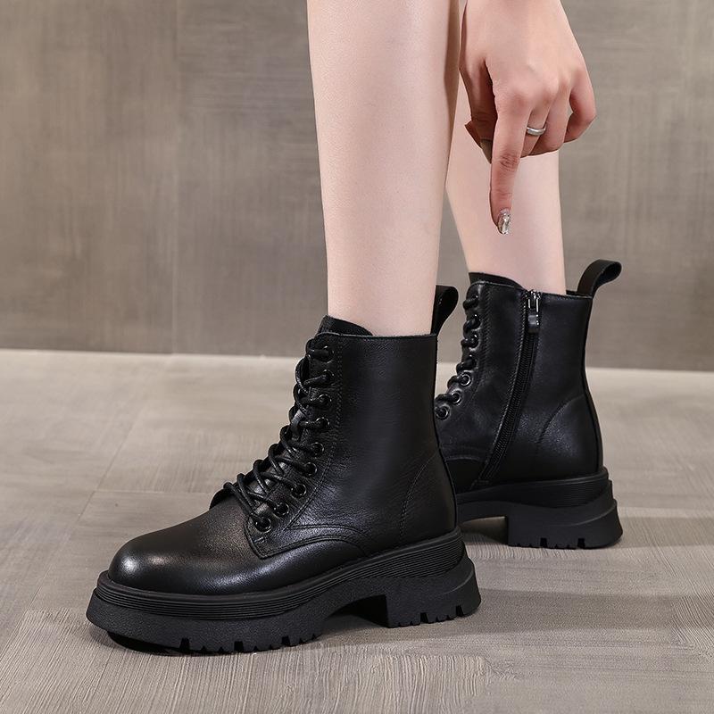 Short Boots for Women 2025 New Style British Fashion Layer Cowhide Autumn and Winter Boots Thick Soled Early Autumn Short Boots