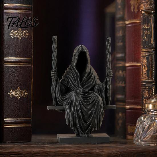 Talos 3D Printed Sitting Reaper Statue, Faceless Man In Black Robe On Swing Figurine, Gothic Cloak Sculpture Ornament, Dark Style Figurine Decoration