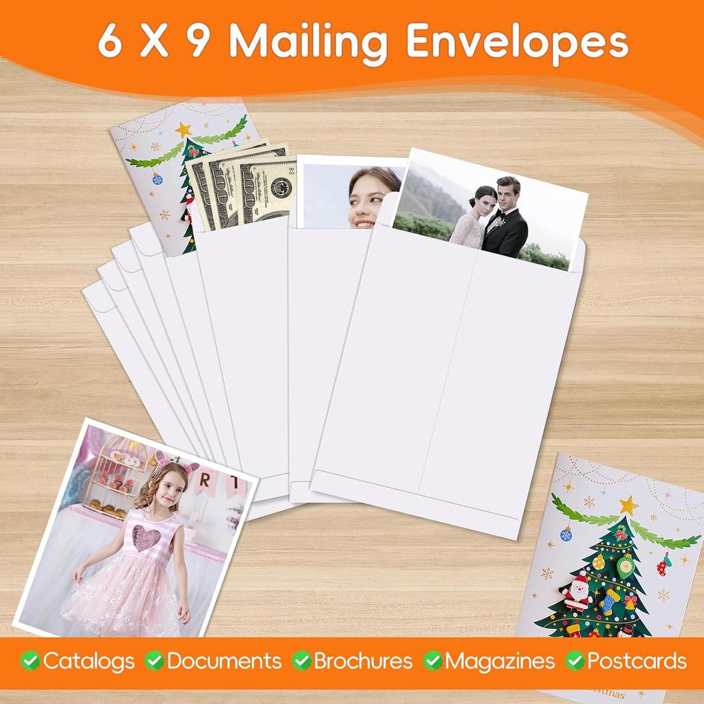 50 Pack 6x9 Envelopes Self Seal, White Catalog Mailing Envelopes 6 x 9 Manilla Envelopes for Mailing, Organize, Storage, Home, Office Business