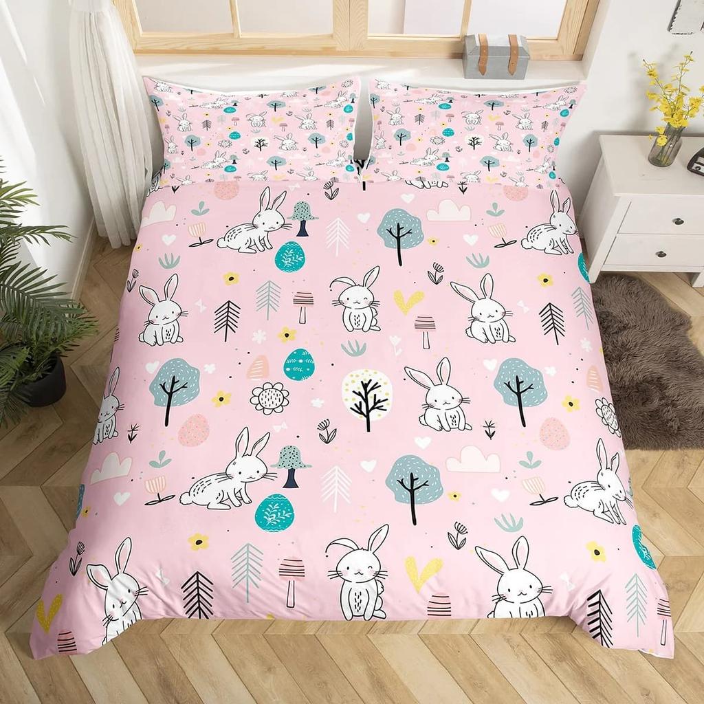 Comforter Kids Bedding Cartoon Rabbit Queen Woodland Animals Comforter Botanical Boys Girls Bedroom Decor