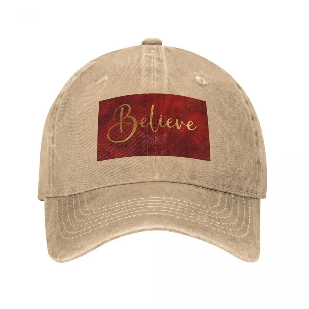 Believe Word Art In Gold Color Script Typography On Red Burgundy Background Baseball Cap Beach Anime Girl Unisexs