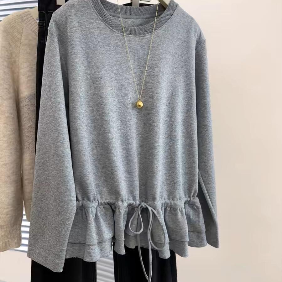 Korean Minimalist Drawstring Waist Ruffle Long-Sleeve Women's T-Shirt - 2025 Spring/Autumn Solid Color Versatile Top