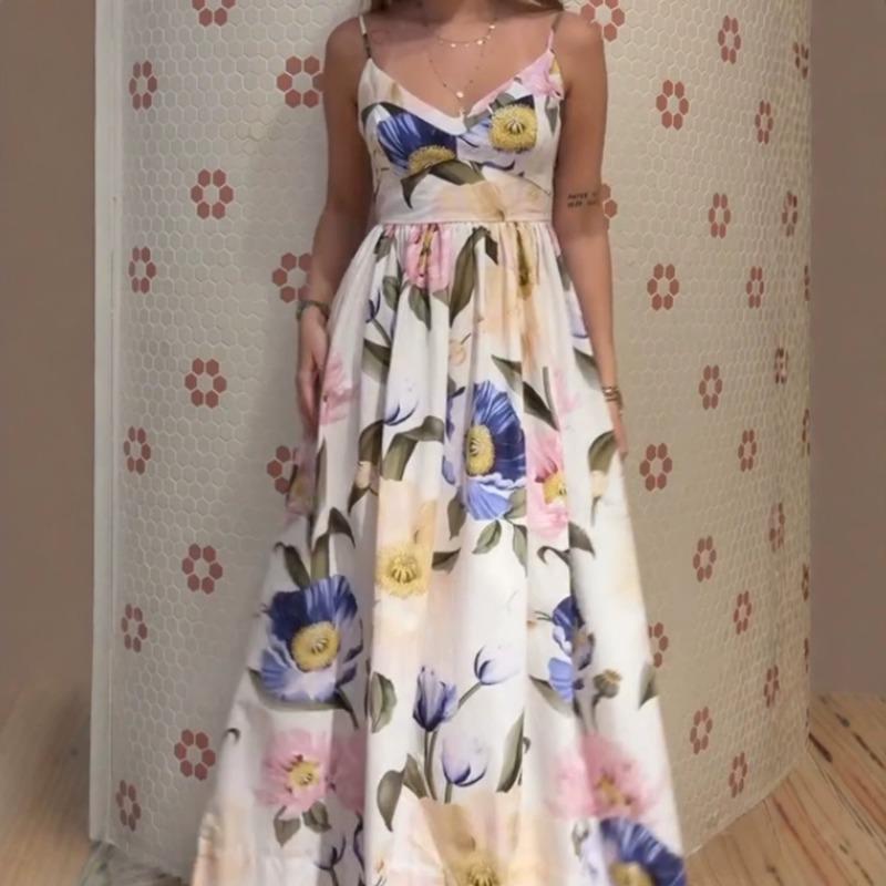 Damen Elegantes Urlaubsstil Blumenmuster Schnürung Ärmellos Langes Kleid