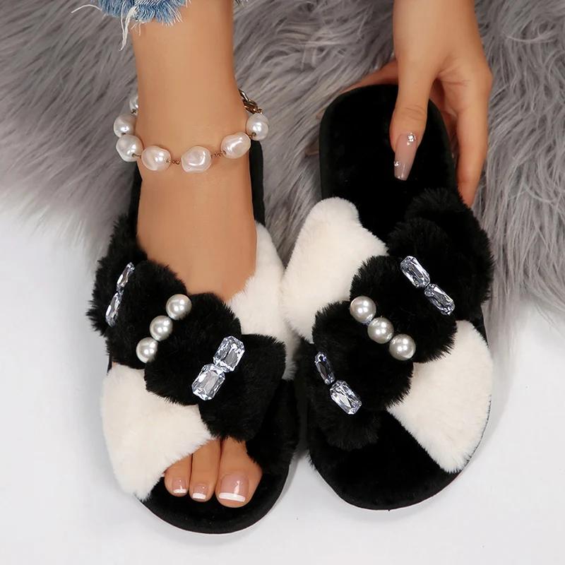 Fashion Pearls Crystal Plush Slippers Women Fashion Cross Band Slip On Cotton Slippers Woman Winter Faux Fur Warm Slides Female Comfort
