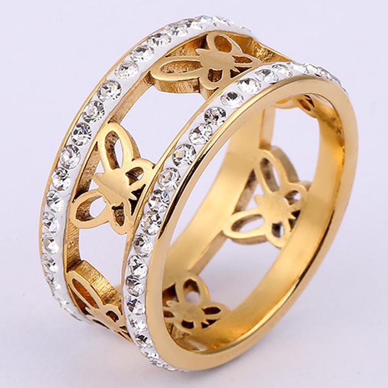 Evropský a americký styl motýlí nerezový prsten s dvouřadým diamantovým designem