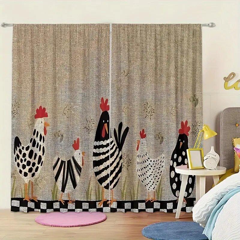 Colorful Cute Rooster Hen Pattern Printed Curtains Window Decorations Home Room Set Of 2 Made Polyester
