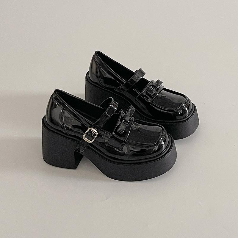 

Модная обувь Мэри Джейн на платформе с бантом и пряжкой в стиле мори, осенняя, ретро, универсальная, на толстом каблуке, на высоком каблуке, с сумкой, одинарная обувь 39 матовый черный