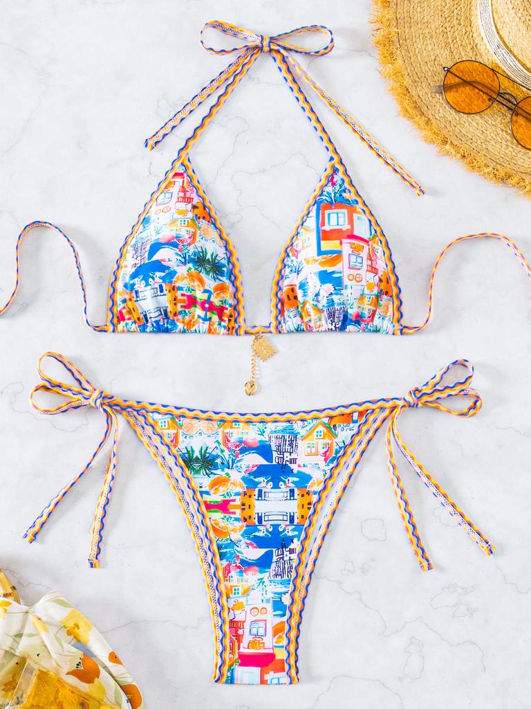 Damski strój kąpielowy z kwiecistą kokardką seksowna trójkątna torba wiązanie po bokach bikini z niską talią kostiumy kąpielowe kostiumy kąpielowe