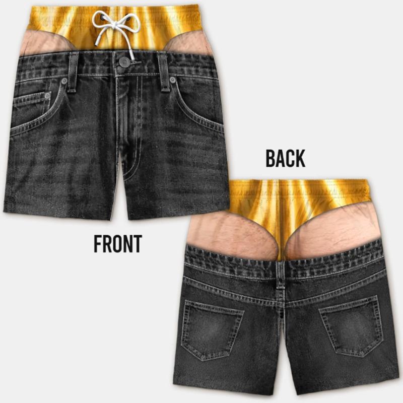 Summer Party Favorite Novelty Men Board Shorts Fake Denim 3D Print Drawstring Shorts For Beach Pool Funny Prank Outfit