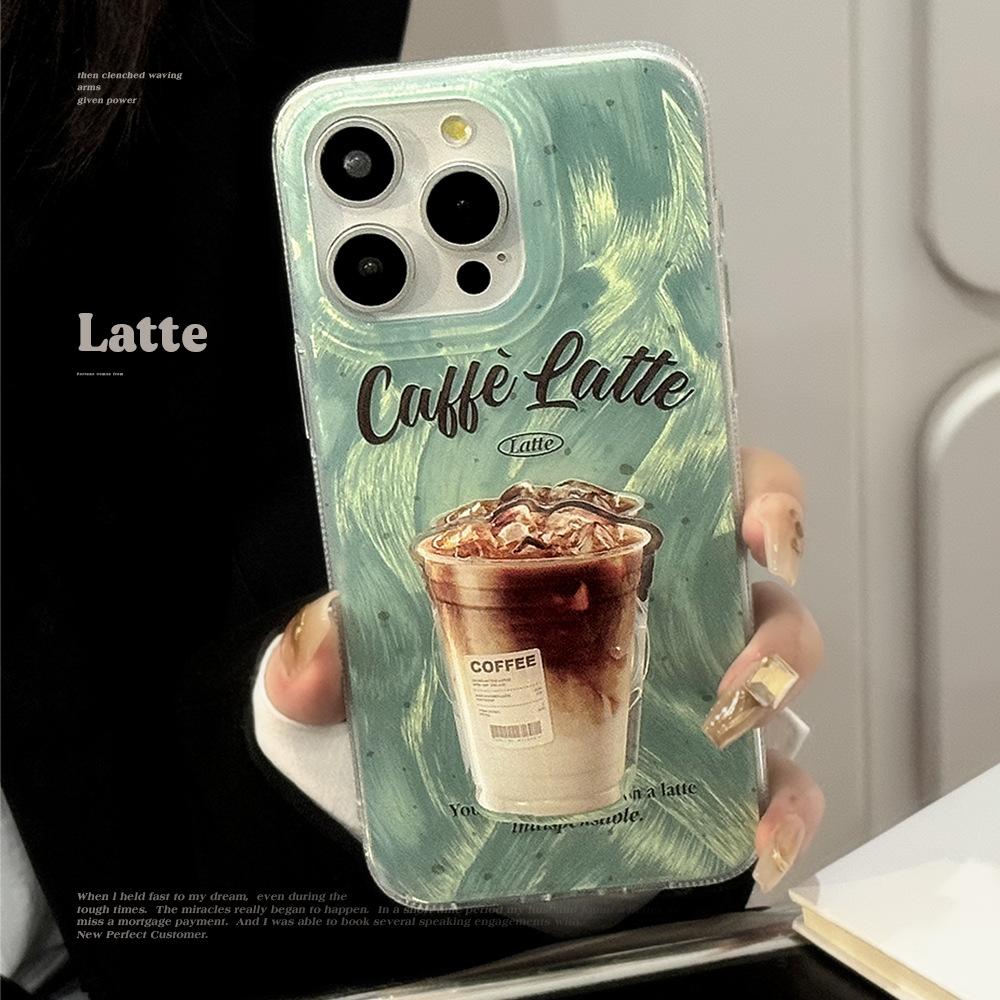 Mint Green Ink Coffee Stand Mobile Phone Case Apple 15promax Suitable for Iphone16 American 12 Feather Yarn 14