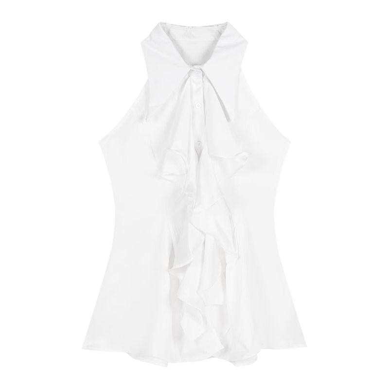 Ruffle Edge Sleeveless Shirt Top Women's Summer French Temperament Medium and Long Waist Slim Shirt Short Skirt
