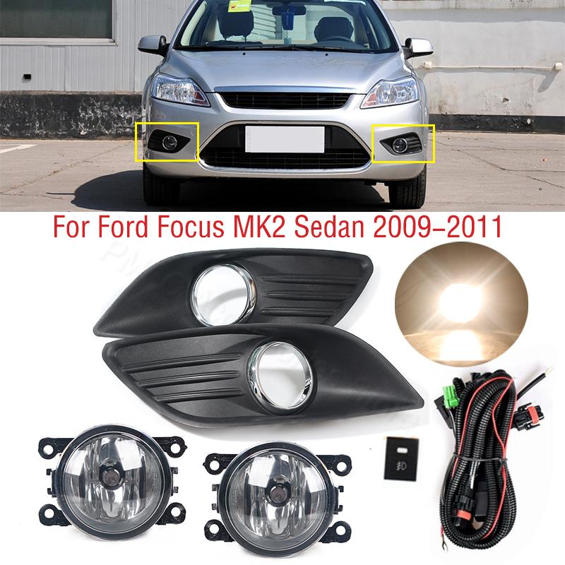 For Ford Focus MK2 Sedan 2009 2010 2011 Car Front Bumper Fog Light Lamp Cover Frame Hood Grille Bezel Harness