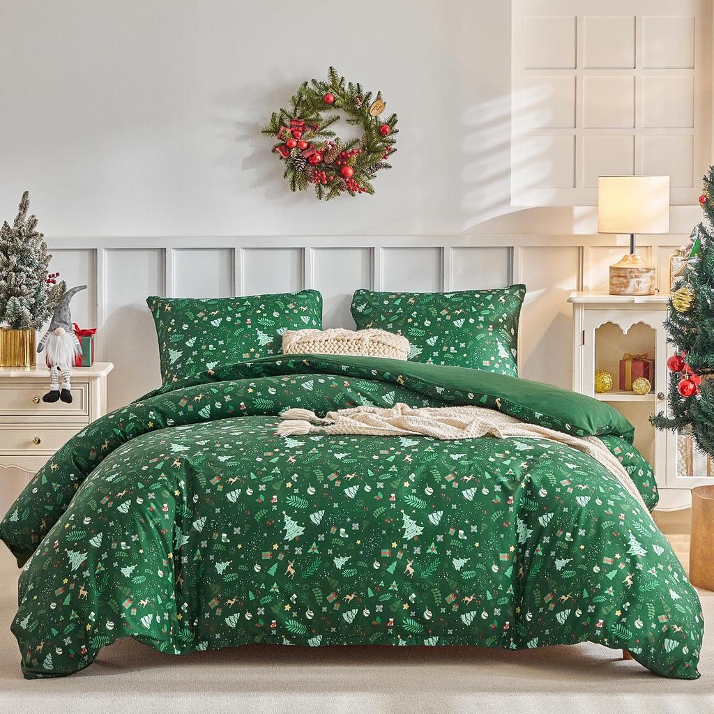Christmas Snowflake Plaid Printing Quilt Cover Home Textile Bedding Three-Piece Set
