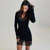 Black Lace Patchwork Dress Women 2026 Spring Long Sleeve Slim Bodycon Dress Elegant V-Neck Party Clubwear Mini Dress