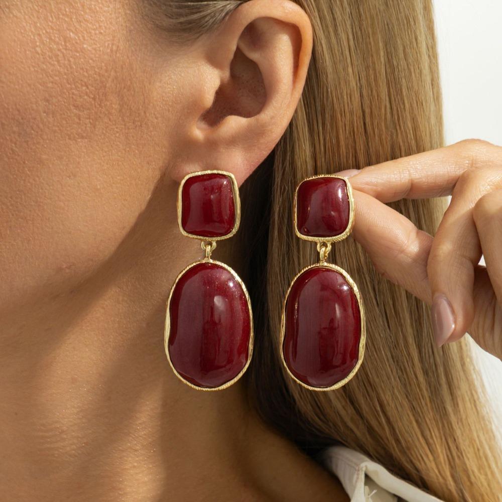 Vintage Gemstones Resin Dangle Earrings Resin Alloy Elegant Geometric Earrings Irregular Shape Sweet Piercing Earrings