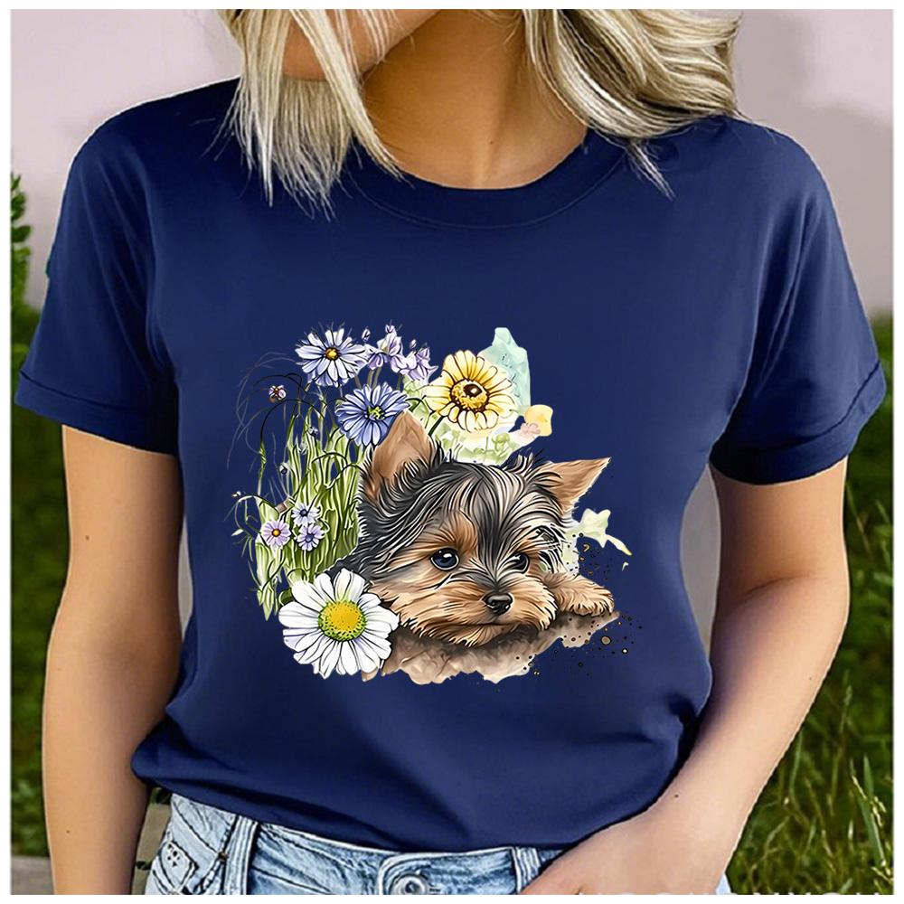 Cotton Vintage Floral Yorkshire Terrier Print Women T Shirt Cute Yorkie Dog Lover Casual Short Sleeve Graphic Tee