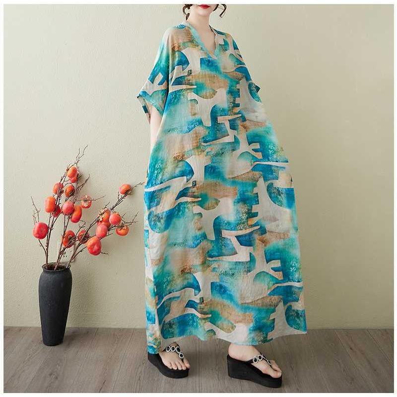Women's Vintage Long Dress with Cotton and Linen Patterns