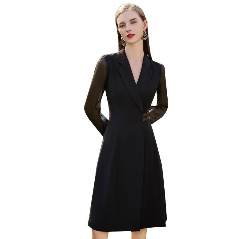Spring Black Mesh Sleeve Goddess Dress - Waist-Slimming Suit Collar, Mid-Length Professional Women's Outfit
