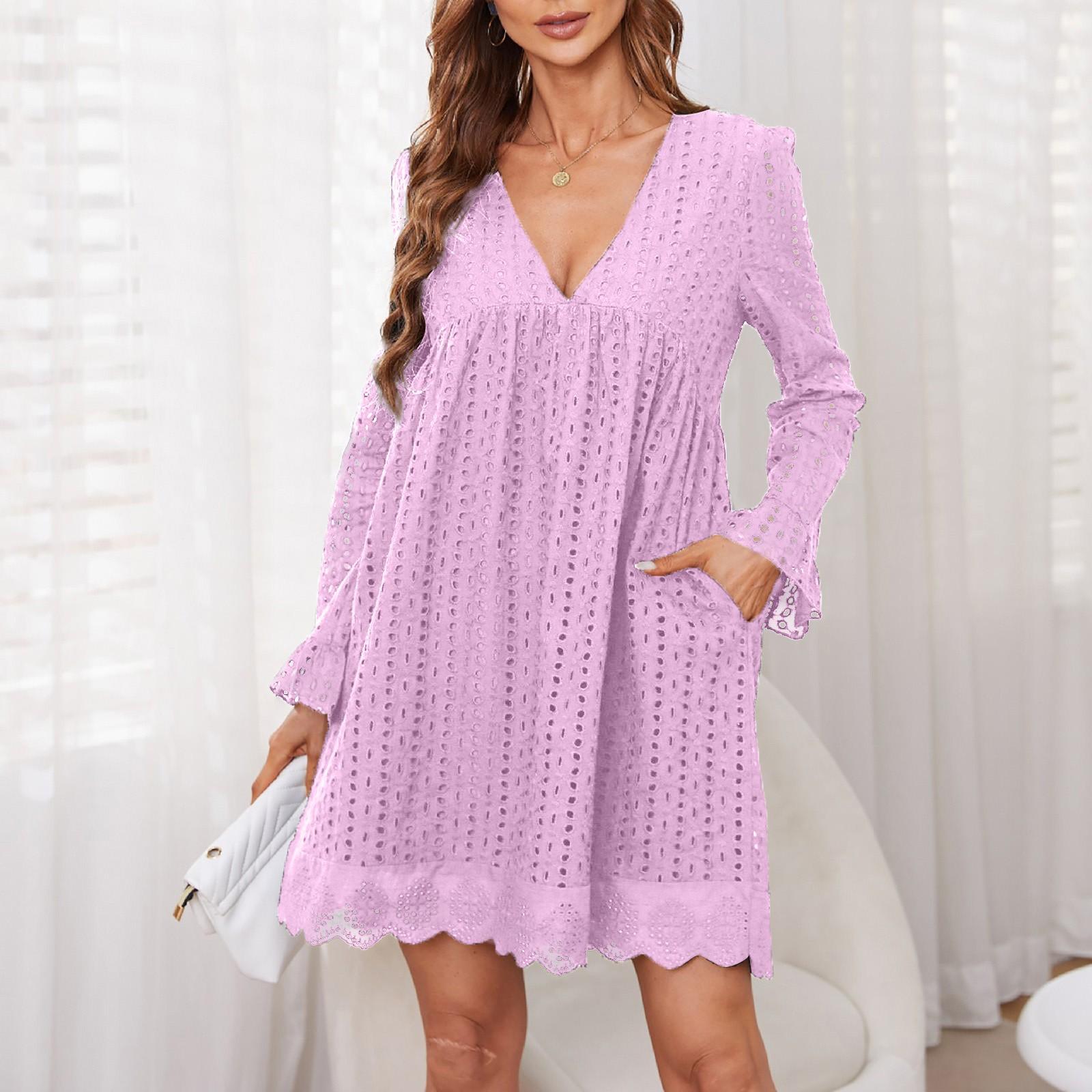 Womens Hollow Out Ruffle Pocket Long Sleeve Solid V Neck Mini Dress Lightweight Breathable Fabric Casual Loose Fit XL