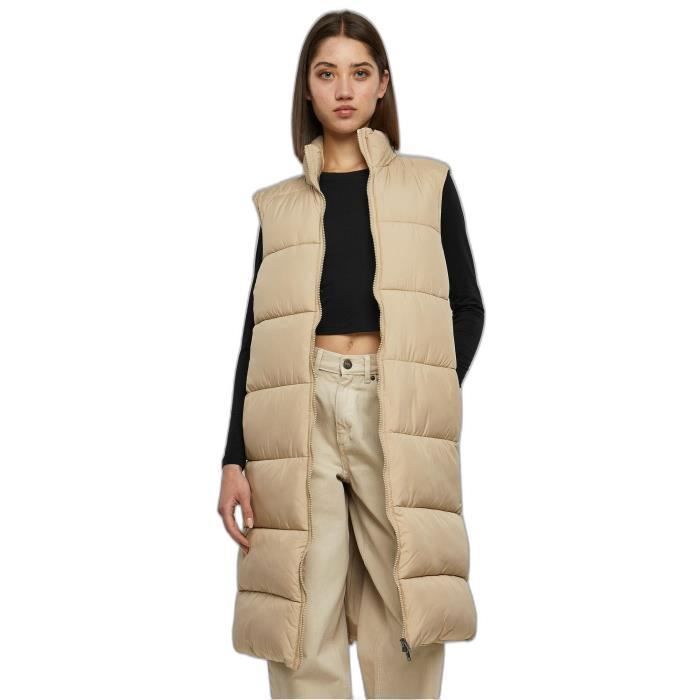 Doudoune Longue Femme - Urban Classics - Gilet Long - Beige - Col Montant - Poches Latérales