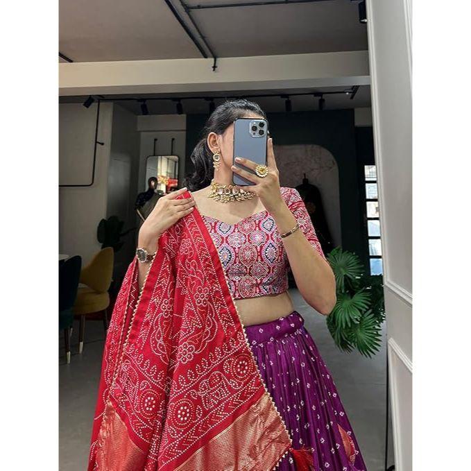 Kvinnes perfekt Kolleksjon Tussar Silke Lehenga Choli Patola Trykk med Foliearbeid ,Uferdig Bluse,