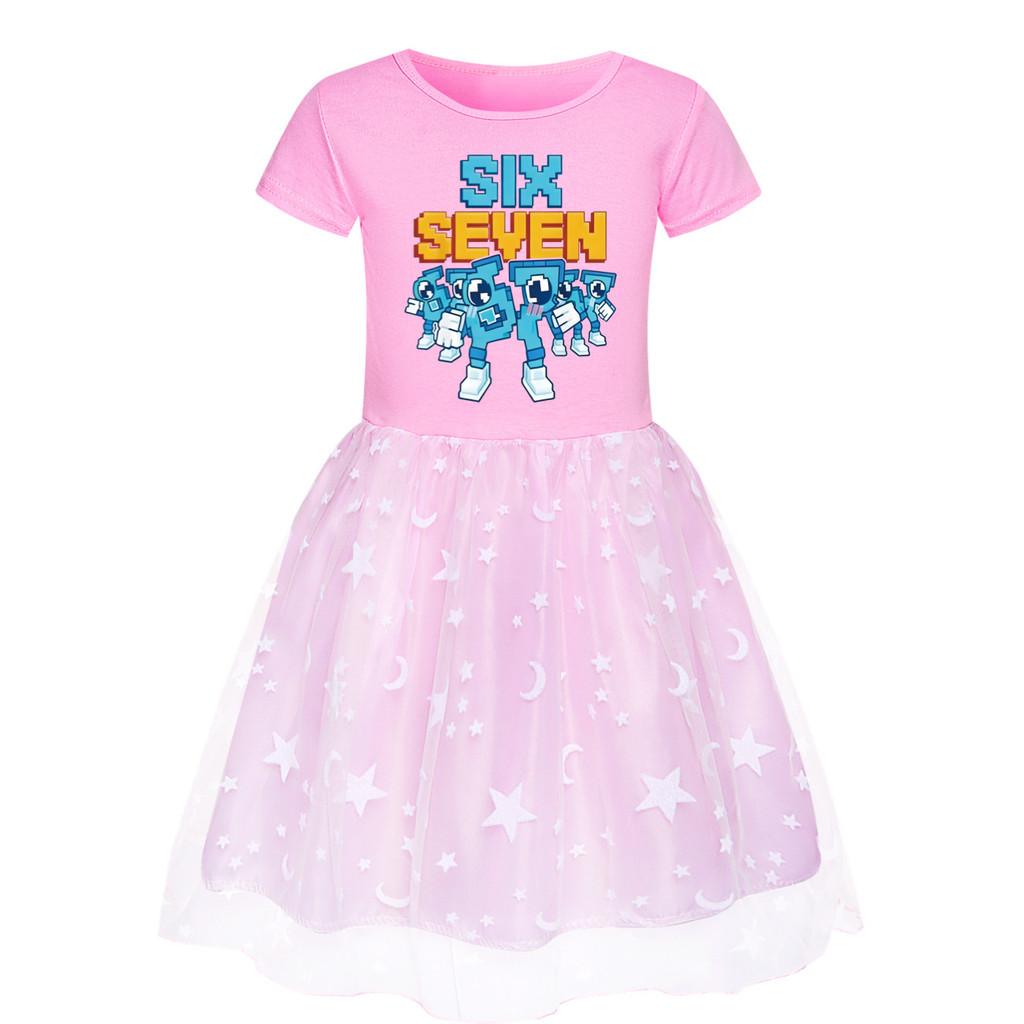 5195 Kids Girls Steal a Brainrot 67 Six Seven Print Mesh Rainbow Round Neck Casual Casual Cotton Dress