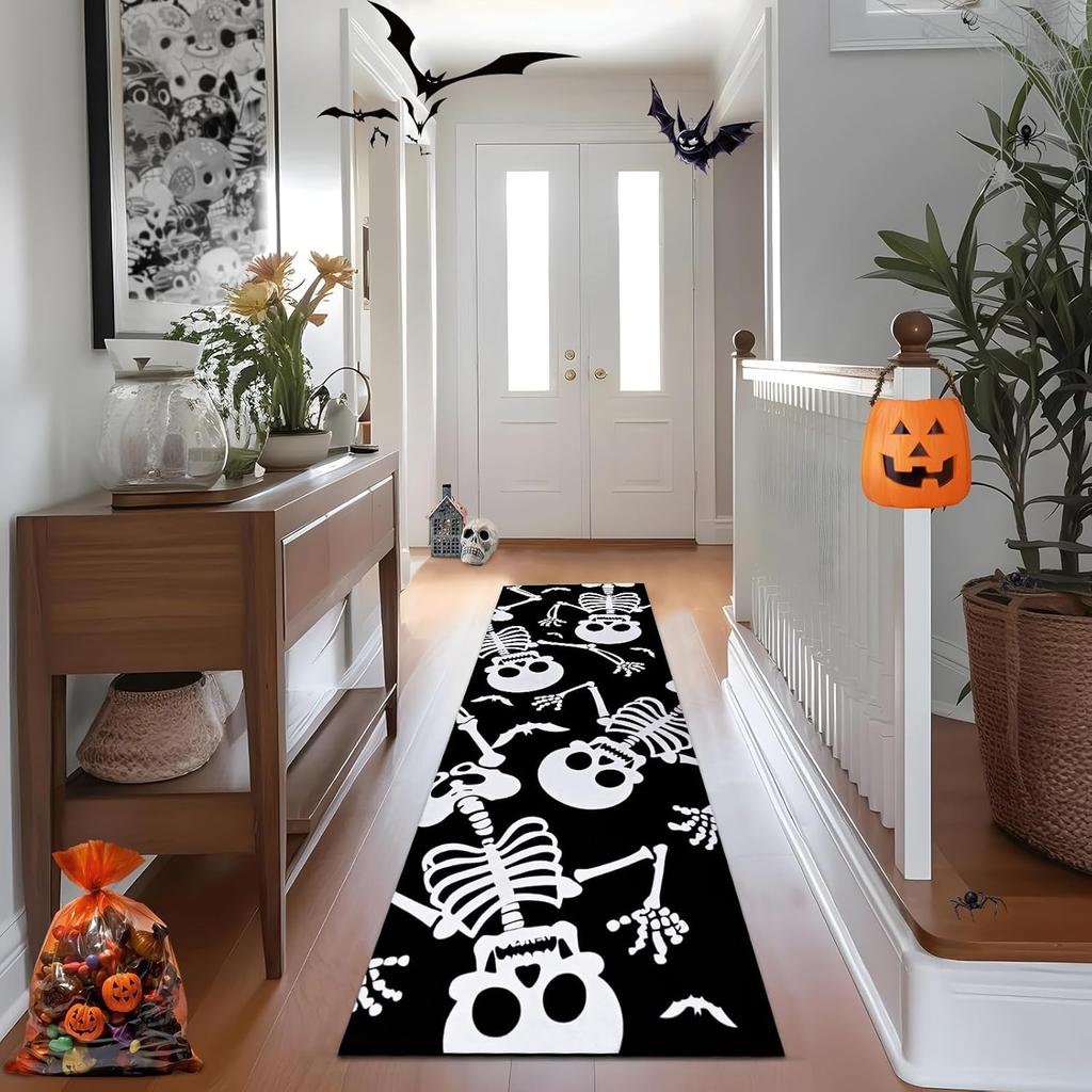 Halloween Kitchen Runner Rug Horror Pumpkin Print Non-Slip Waterproof Carpet Spooky Creepy Laundry Room Decor Ghost Print Mat