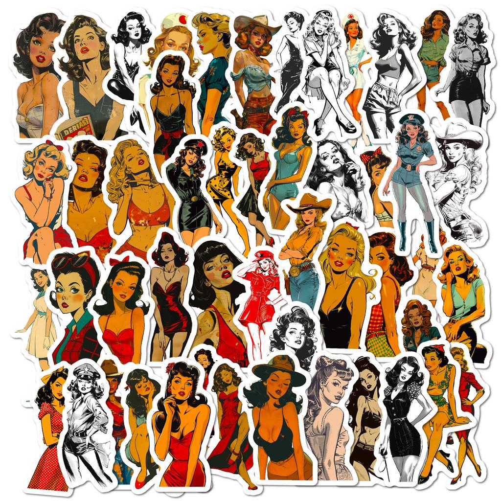 50 Non-Repeating Classic Retro Girl Graffiti Stickers Diy Notebook Luggage Water Cup Stickers