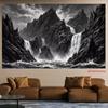 2D Black White Mountain Waterfall Backdrop, Grayscale Nature Photography Background