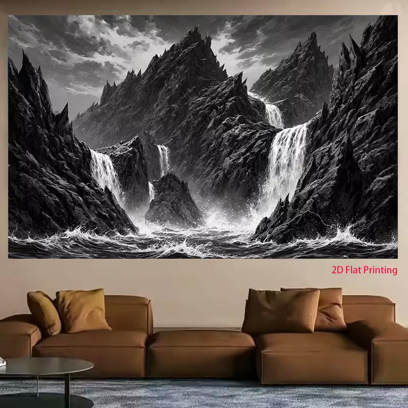 2D Black White Mountain Waterfall Backdrop, Grayscale Nature Photography Background