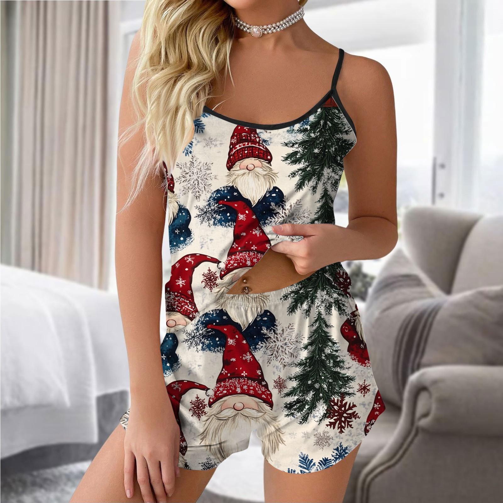 

Женский модный рождественский комплект с принтом без рукавов, топ, шорты и пижама XL бежевый