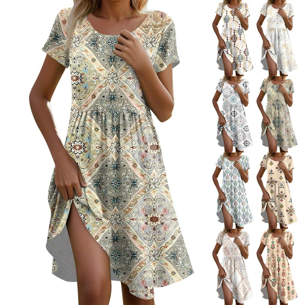 Women's Casual Fashion Round Neck Short Sleeve Retro Printed Midi Dress