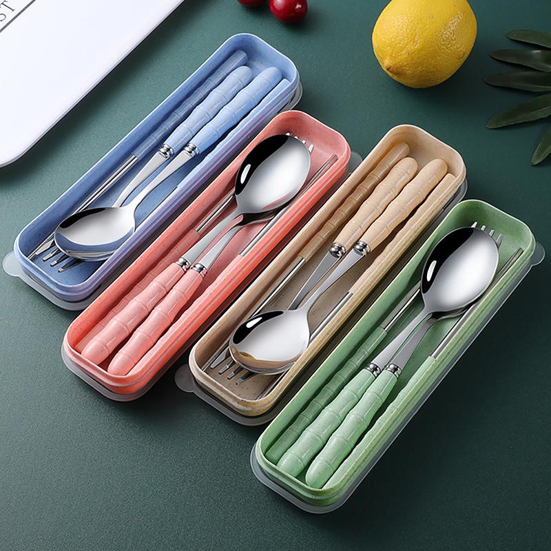 New 3Pcs Chopsticks Spoons Forks Sets Of Stainless Steel Portable Tableware Reusable Travel Picnic Cutlery With Box