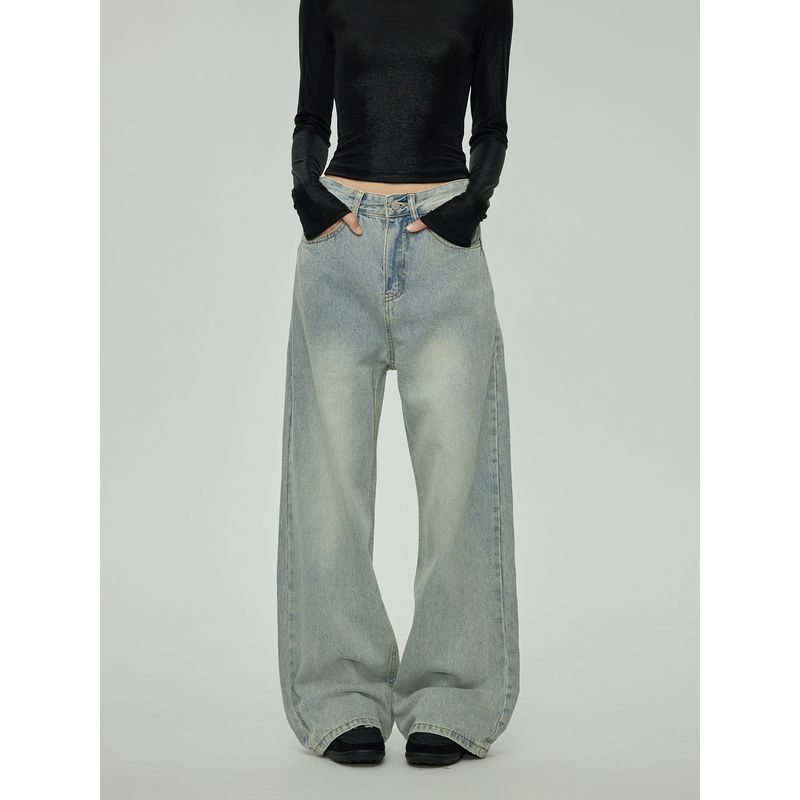 Black of Exit Simple Basic Retro Distressed Trousers Trendy Brand High Street Autumn and Winter New Straight-Leg Jeans