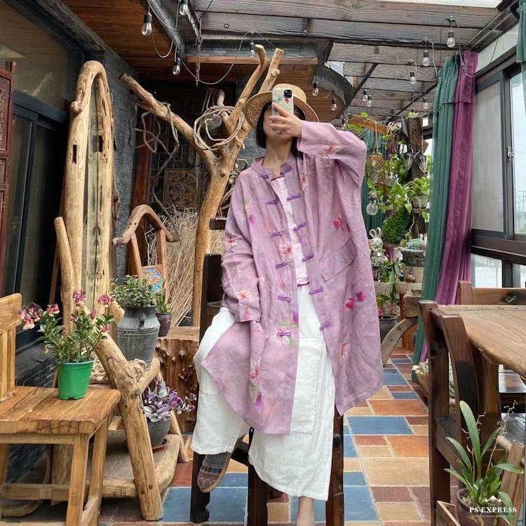 Johnature Women Vintage Long Shirts Stand Long Sleeve Button Patchwork Pockets Spring Chinese Style Blouses