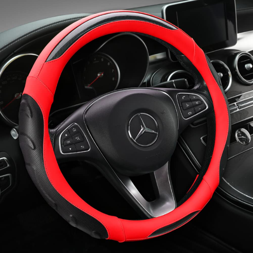 TATACLEA Carbon Fiber Car Steering Wheel Round Steering Wheel and Red Cover, Cover, 38cm, Comfortable, Stylish, Durable, Non-Slip, Sweat-Proof,