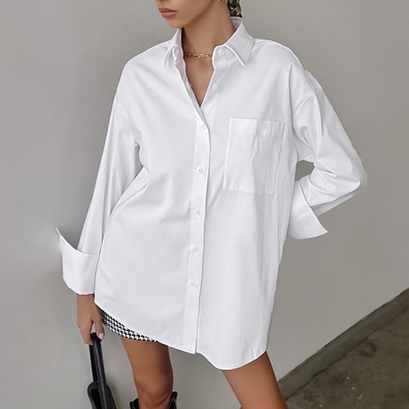 Women S Oversized White Cotton Blend Long Sleeve Commuter Shirt S белый