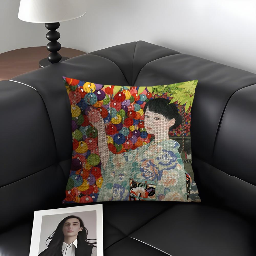 Kimono Girl Japanese Style Cushion Cover Natural Linen Organic Fabric DoubleSided Printing Sofa Home Decor Gift Pillow Case