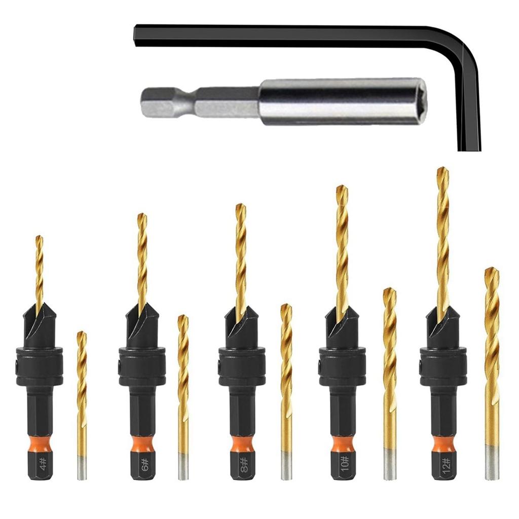 2026 New 12Pc HSS Adjustable Countersunk Drill Bits for Woodworking, Sizes 4, 6, 8, 10, 12, WithMagnetic Extension Drill Bit