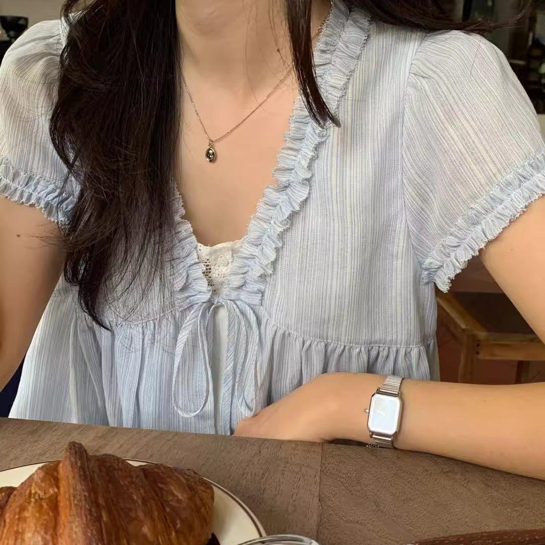 

French Blue Fake Two-Piece Puff Hem V-Neck Blouse Women s Summer Design Sense Age-Reducing Loose Short Sleeve Baby Shirt Top XL синий