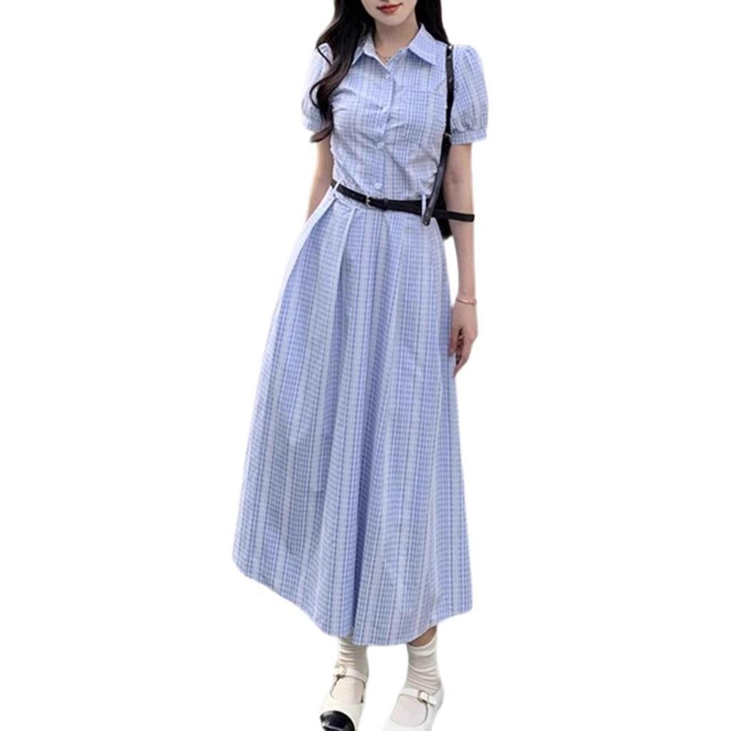 Coffee Break French Temperament Shirt Long Dress Women's Summer New Fashion This Year Popular Plaid Dress Women's Clothing